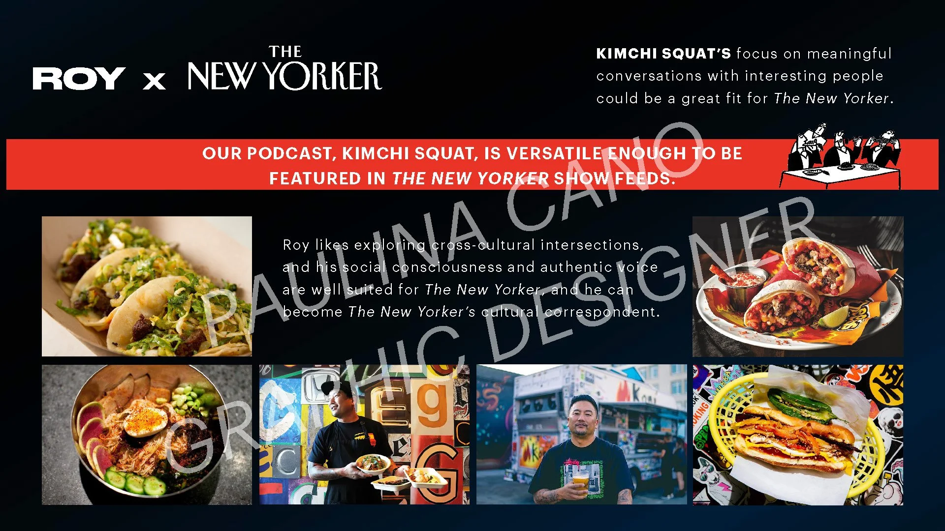 Promotion image for a podcast collaboration between Roy and The New Yorker, featuring photographs of tacos, a bowl of Korean food, and a man holding food trucks, with text about exploring cross-cultural food conversations.