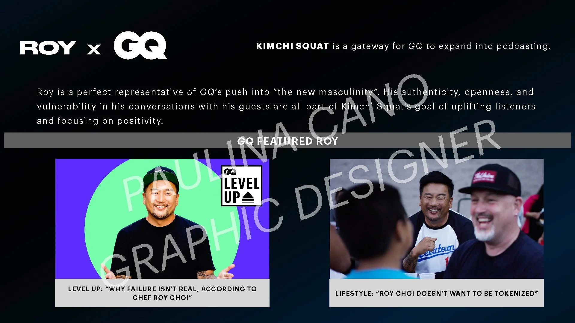 An infographic featuring Roy Choi promoting Kimchi Squat, a podcast gateway for GQ. The image includes a picture of Roy Choi smiling and wearing a black shirt with a background of colorful shapes, along with a photo of Roy Choi and others laughing du