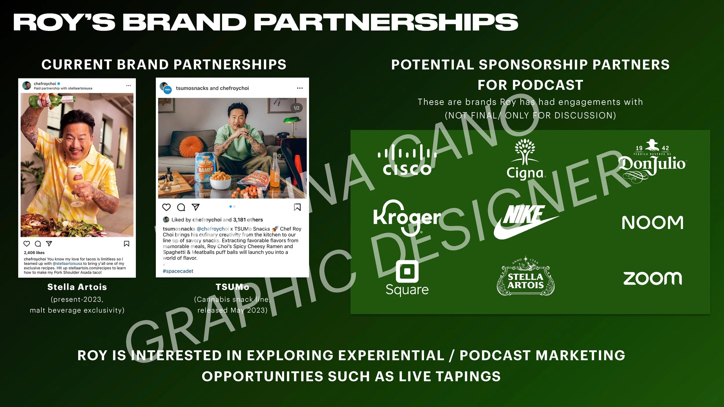 A presentation slide titled "Roy's Brand Partnerships" shows current brand partnerships with Stella Artois and TSUMO. It lists potential sponsorship partners for a podcast, including Cisco, Cigna, Don Julio, Kroger, Nike, NOOM, Stella Artois, and Zoo