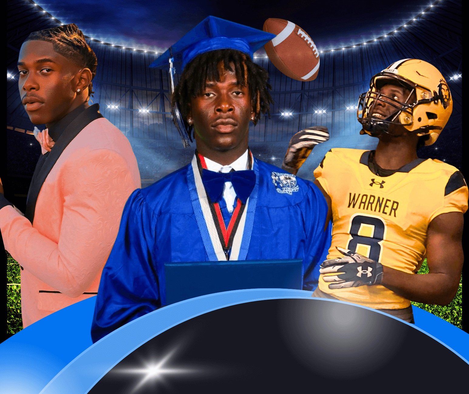 Composite image of three young men dressed as a graduate, a football player, and a young man in formal wear against a stadium background.