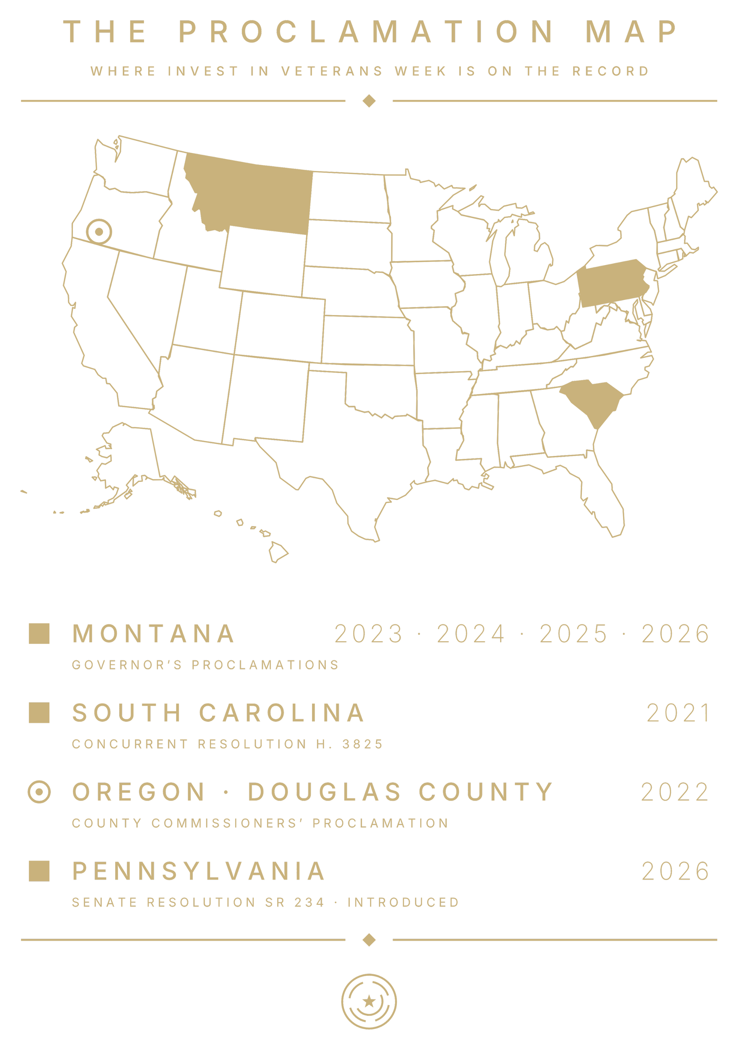A black map of the United States with highlighted states Montana, South Carolina, Oregon, and Pennsylvania, each labeled with their respective 2021-2026 proclamations regarding Veterans Week, Governor's Proclamations, Concurrent Resolution, and Count