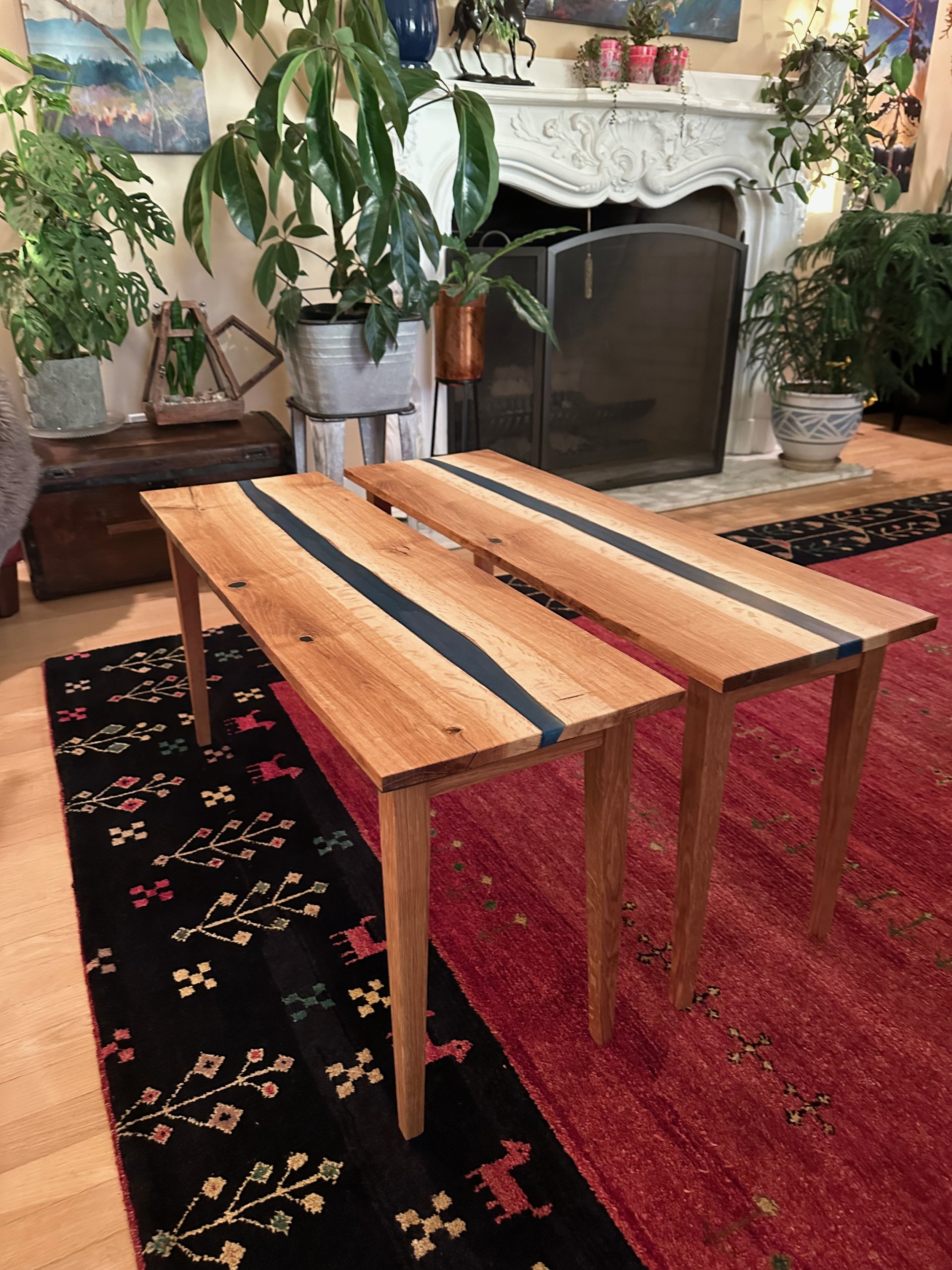 2 End Tables - Garry Oak and Indigo Blue