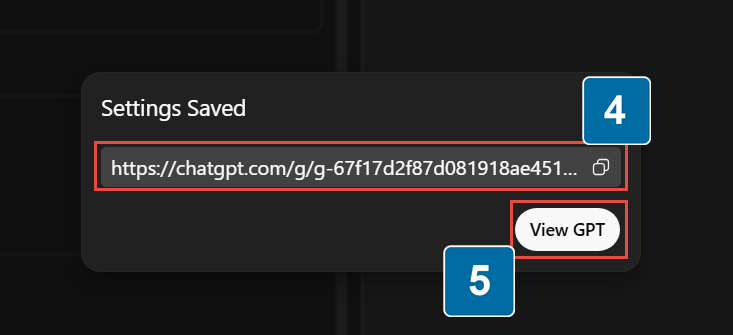 Image depicts the settings saved pop up with option 4 showing the copy url button and option 5 showing View GPT gutton.