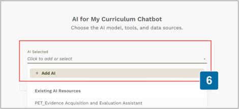 Image of the AI Selected field showing an expanded drop down menu with the "Add AI" option listed for callout 6.
