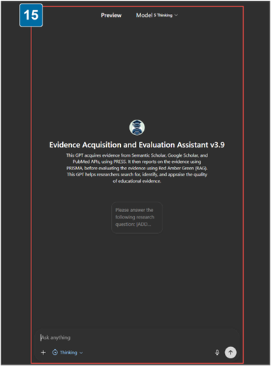 A preview view of the custom assistant Evidence Acquisition and Evaluation Assistant v3.9