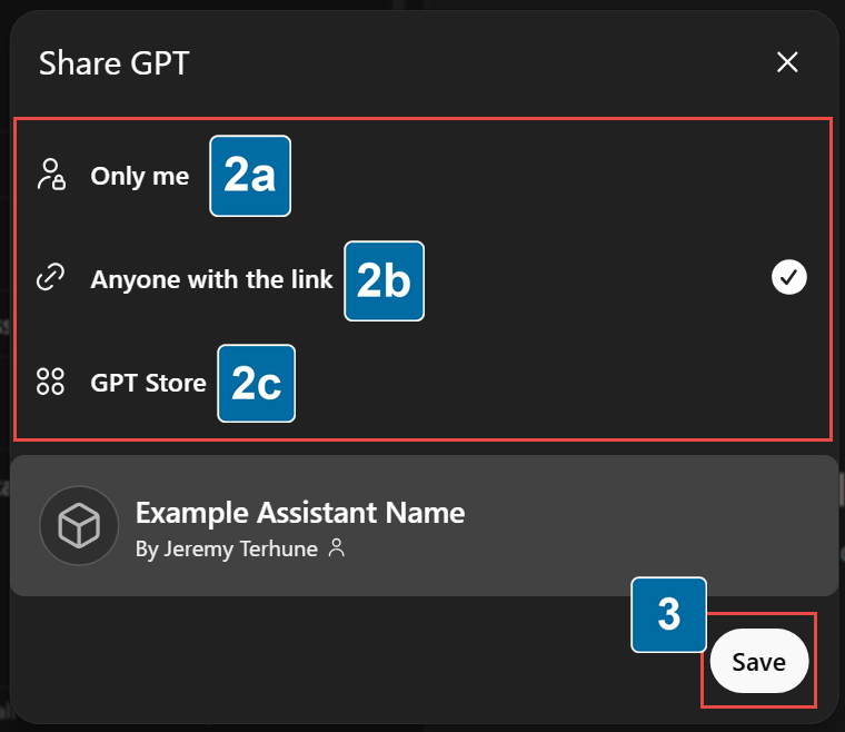 Screenshot depicts the Share GPT screen highlighting different different ways to share. Callout 3 shows the Save button.