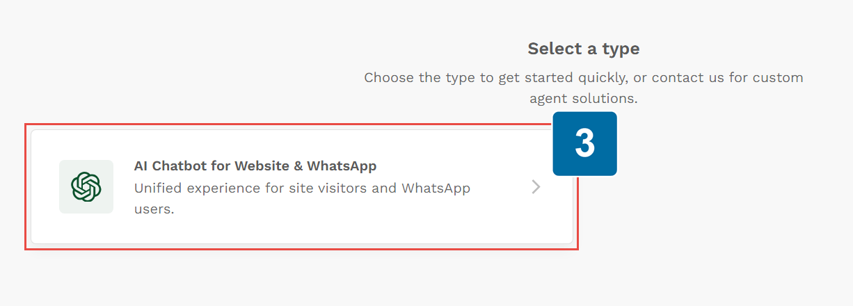 Screenshot of the select a type screen showing the AI Chatbot for Website & WhatsApp option.