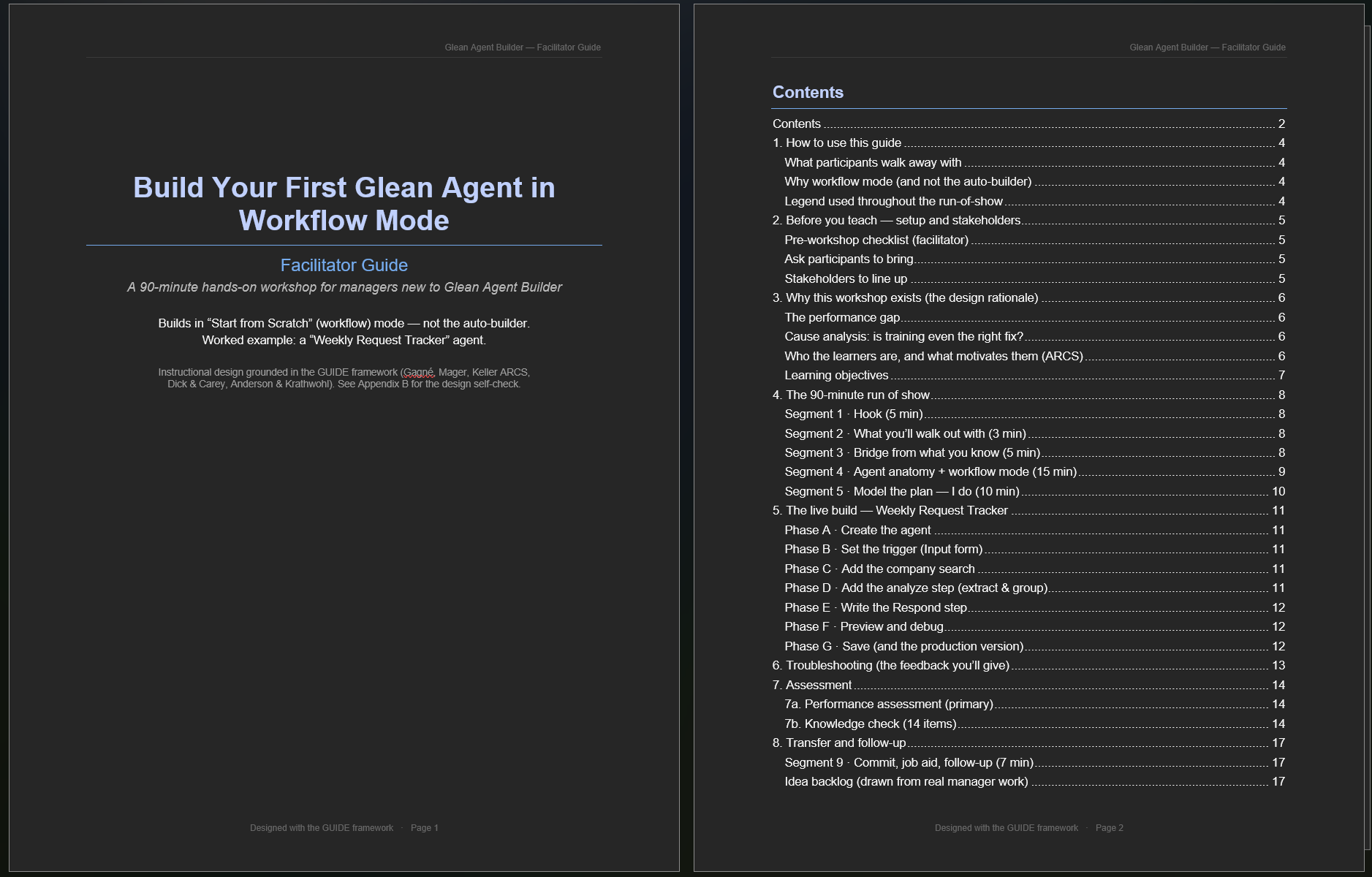 Select this image to view a facilitator guide generated in design mode, with every segment tagged to Gagné's events and ARCS motivation moves.