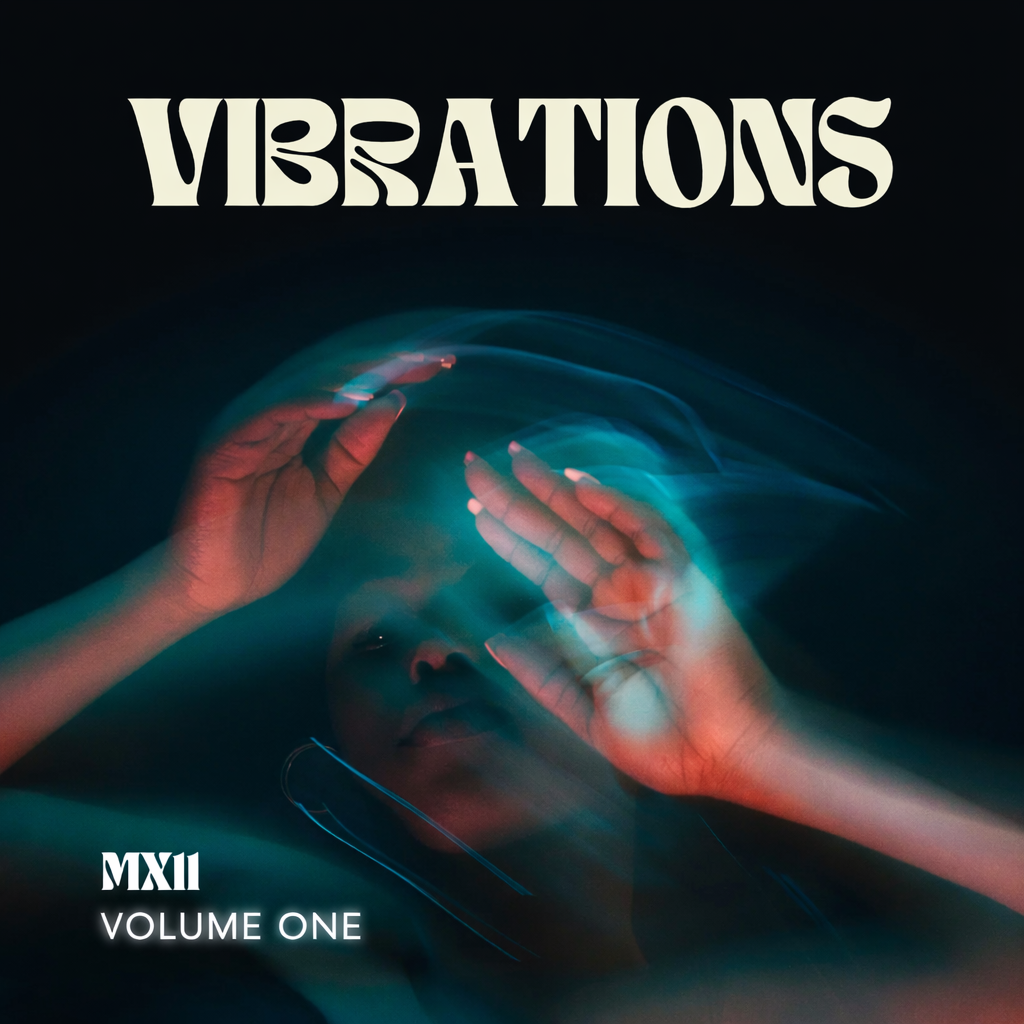 Album cover for 'Vibrations' by MXII, volume one, featuring a blurry, artistic photo of a person with hands near face, colorful lights, and a dark background.