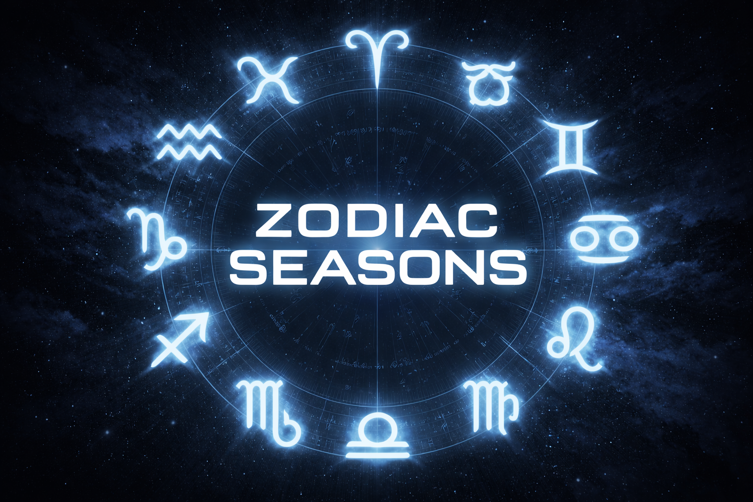 A starry background with the twelve zodiac signs arranged in a circle, glowing in blue light, and the words 'Zodiac Seasons' in the center.