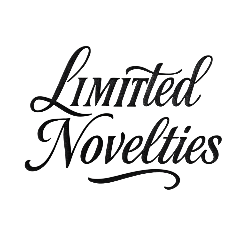 Text on a black background reading "Limited Novelties" in cursive font.