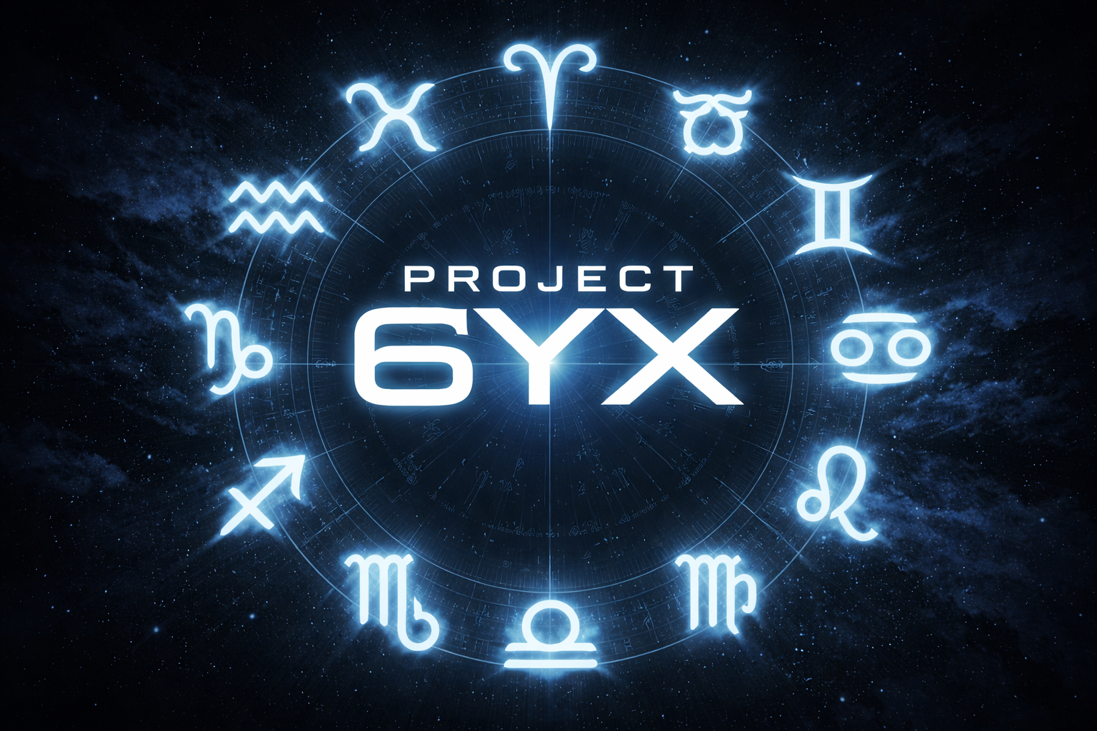 A digital illustration featuring the zodiac wheel with glowing symbols of the twelve astrological signs surrounding the words 'Project GYXX' in the center, against a starry space background.