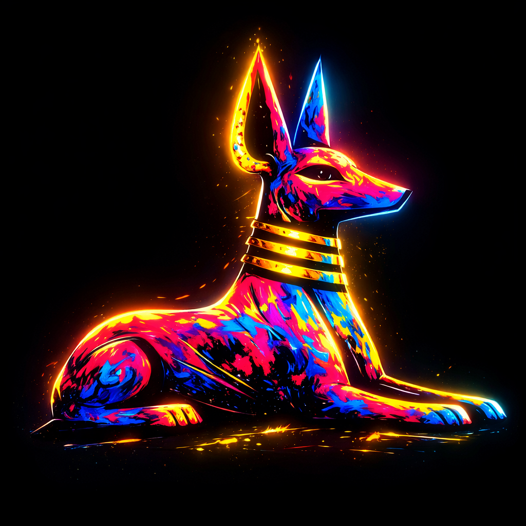 A vibrant, neon-colored digital illustration of Anubis, the Egyptian god with a jackal head, glowing with bright yellow, pink, blue, and red hues against a black background.