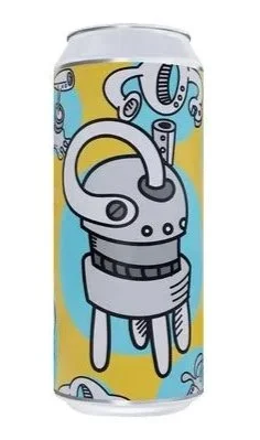 Beer can with a bold, graphic grey blue and white design