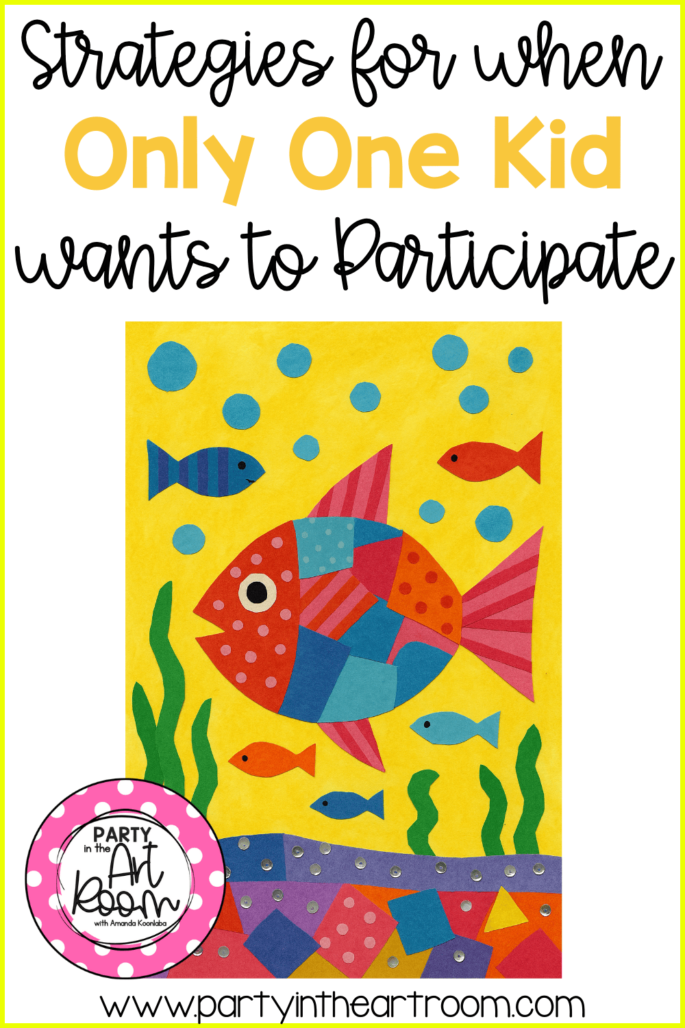 A student artwork showing a detailed, colorful fish in the foreground with simpler fish and bubbles in the background, representing different levels of engagement within one art activity.
