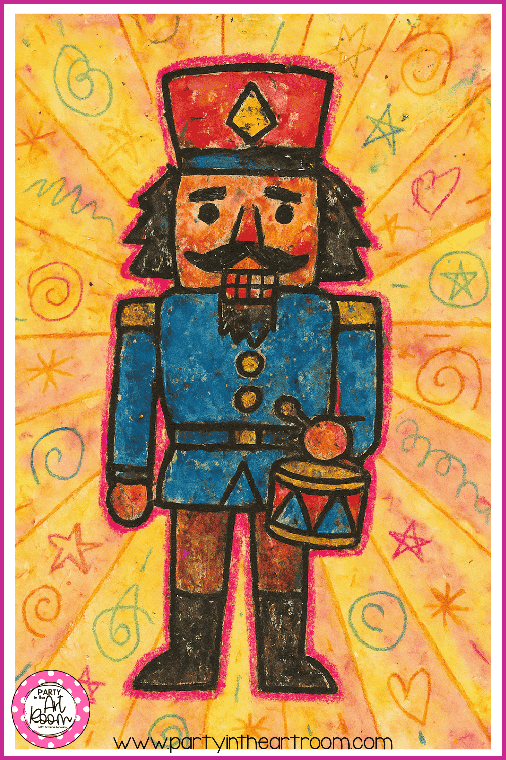A student-created nutcracker wearing a blue jacket and shoes with a red hat and pants, outlined in black and set against a yellow and red sunburst background, showing strong symmetry and character design.