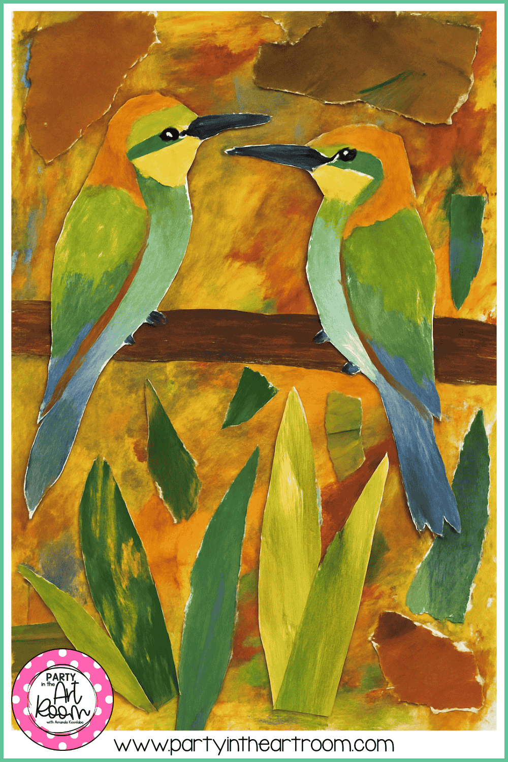 A highly detailed bird collage with multiple layered colors across the body, wings, and head, showing advanced use of painted paper and artistic decision-making.