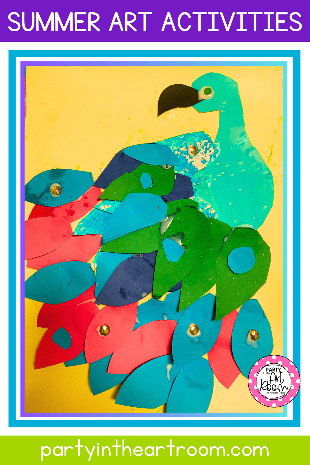 A completed Peacock summer camp art project, showcasing a student’s creativity creating a beautiful peacock with a colorful tail.