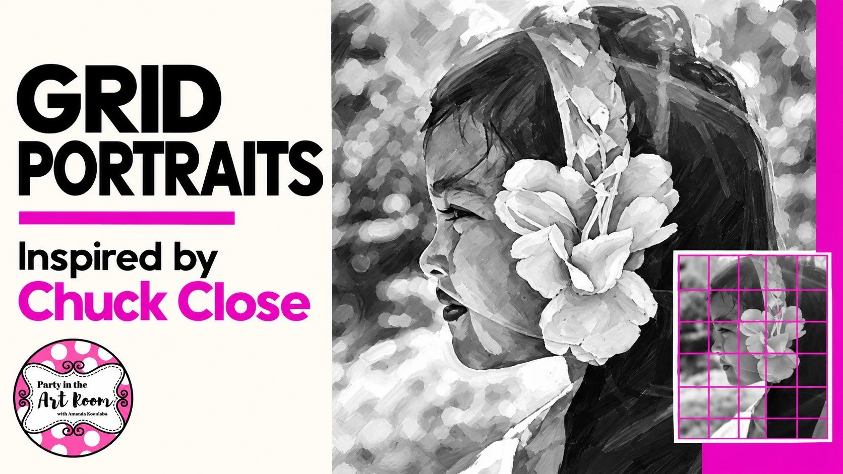Grid painting activity showing a gridded reference photo and a grayscale portrait of a girl with a flower in her hair.