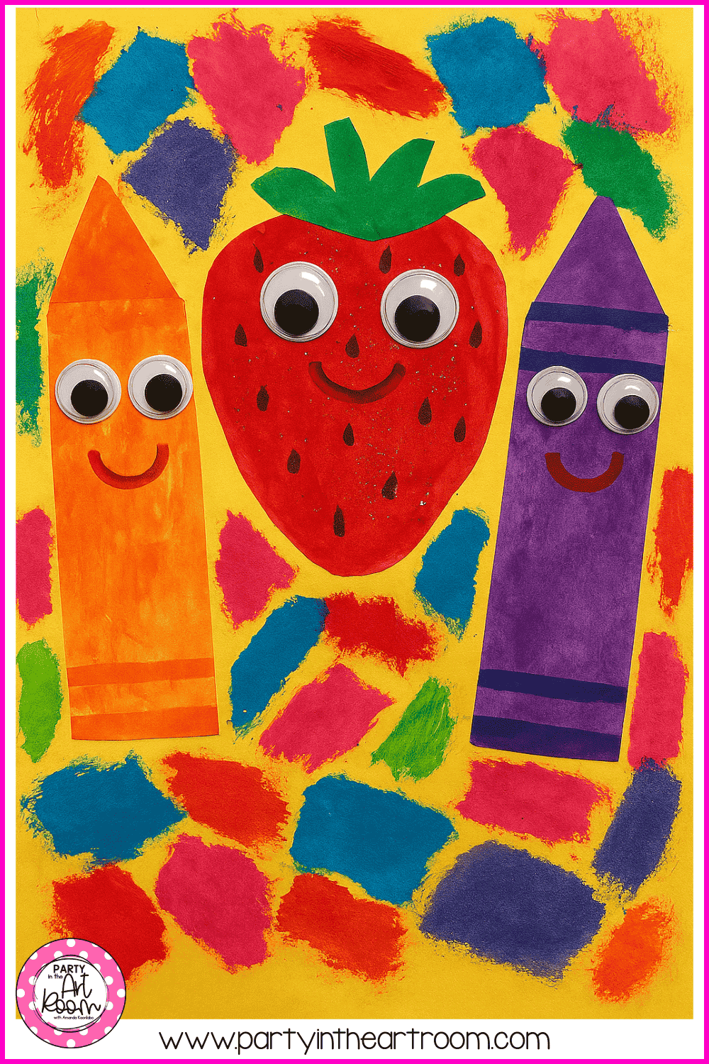 A bright collage with fruit and crayon characters centered on a mosaic-style background, supporting the lesson’s focus on shape, texture, layering, and expressive visual storytelling.