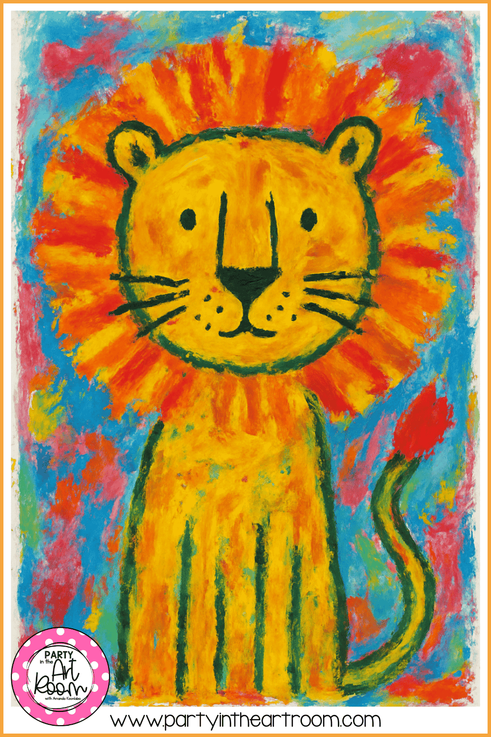 Lion artwork layered over a red, blue, and yellow painted background, showing bold color use and confident composition in a choice-based art project.