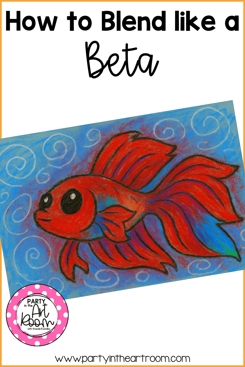 Orange betta fish with purple accents on a blue background with white swirls, illustrating how complementary colors and oil pastel blending create depth and visual interest.