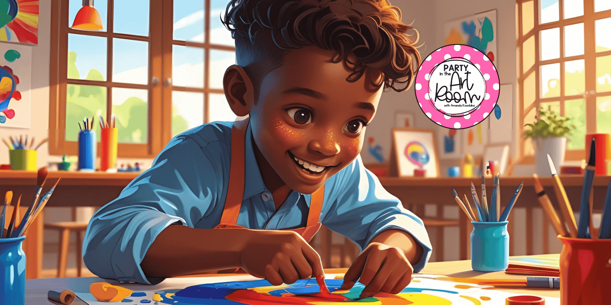 student finger painting wearing an apron and smiling big in an art classroom