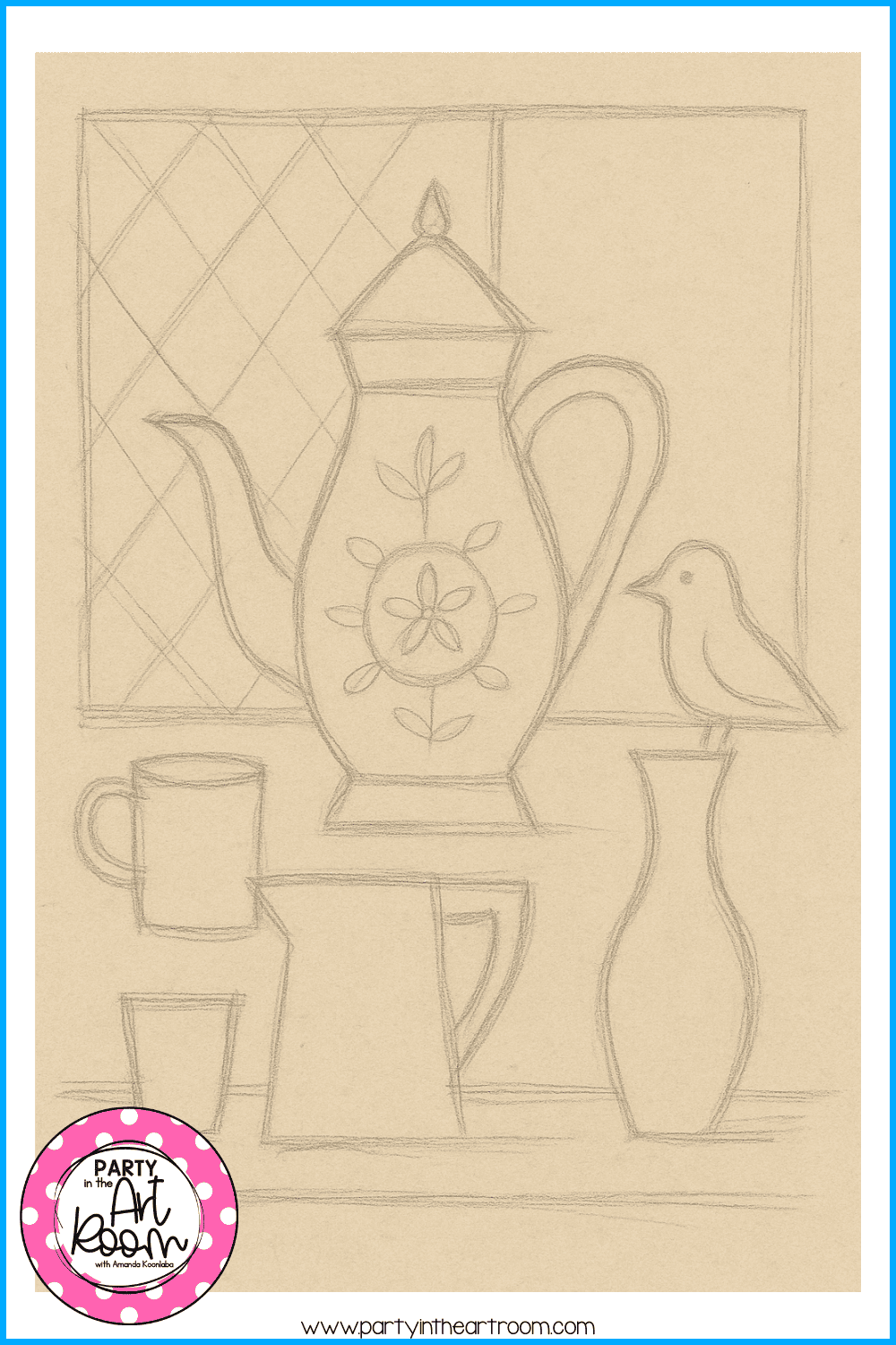 Blue Like the Tang Dynasty: A Still Life Painting Lesson Inspired by Chinese Art pencil sketch of a blue china still life showing the first step of the lesson.