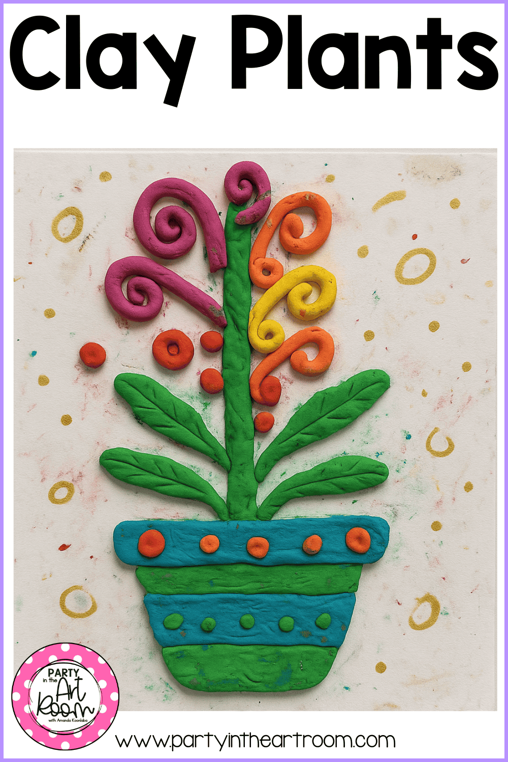 Student-created artwork from Clay Plant Art Project for Kids, with a green-stemmed plant, warm-colored leaves, and an orange-beaded pot on white tagboard.