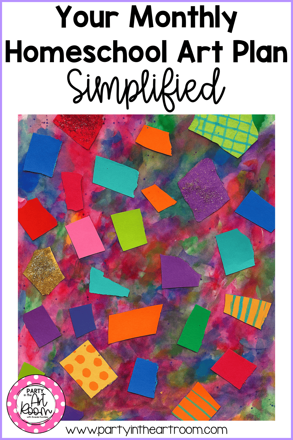 A completed student collage used as an example of how themed monthly art plans help children apply techniques, materials, and ideas in a cohesive final piece.