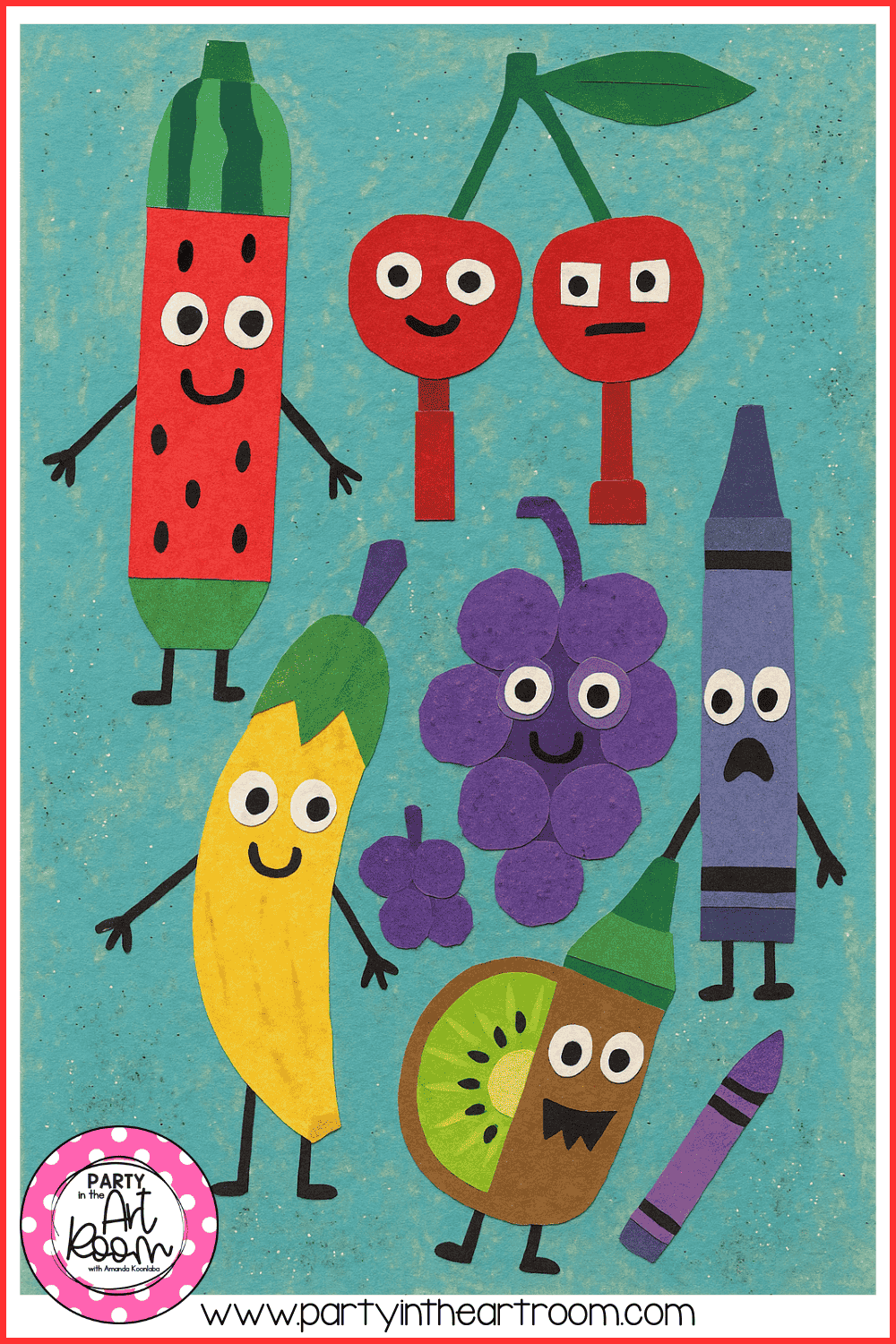 A detailed collage featuring multiple fruit and crayon characters with varied facial expressions, illustrating how students used layering, repetition, and expression to tell visual stories through playful character design.