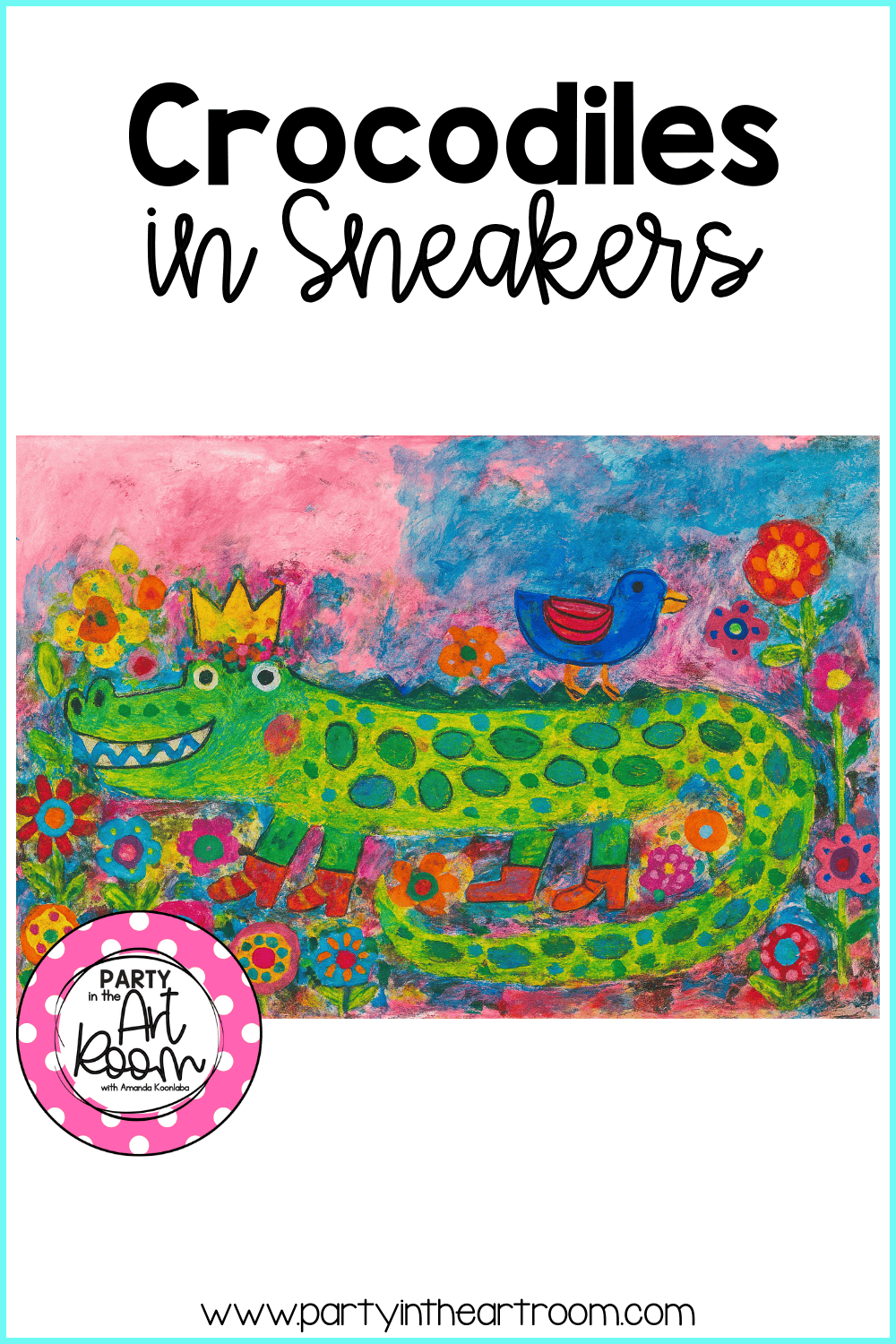 Smiling crocodile artwork wearing a flower crown with a bird on its back, standing in a bright flower field that highlights expressive design choices.