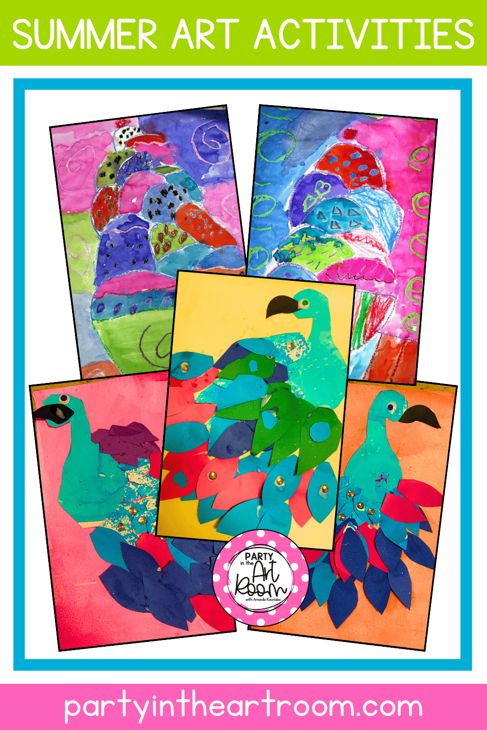 A colorful display of summer camp art activities, featuring student-made peacock and ice cream sundae artworks, showcasing bright colors and creative designs.