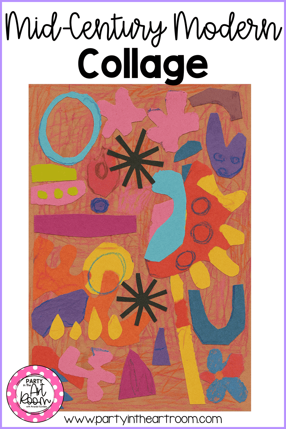 A finished mid-century modern style collage used as an example of how young students can thoughtfully plan, revise, and compose balanced artwork through intentional pacing and reflection.