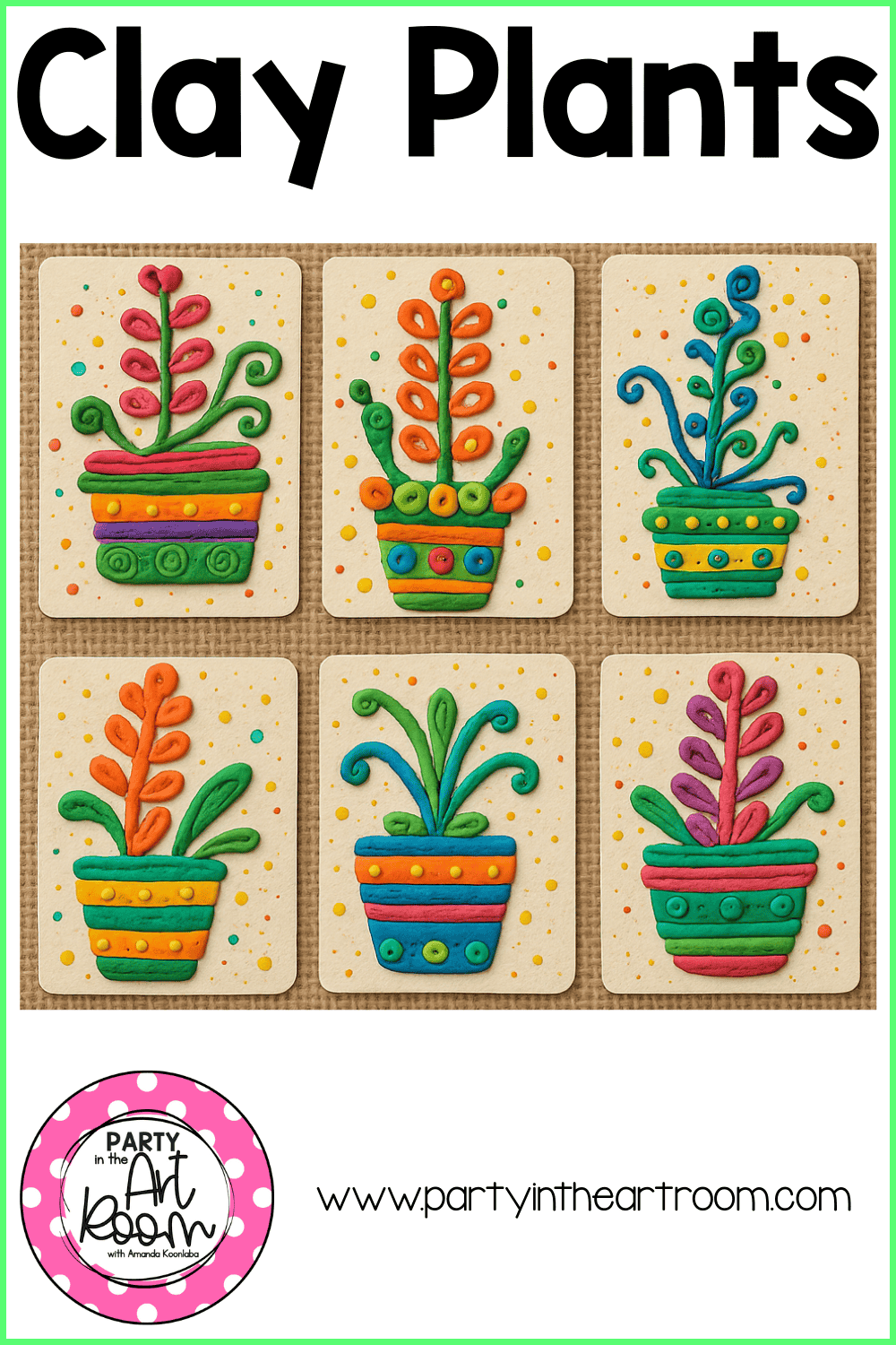 Second group of six clay plant artworks from Clay Plant Art Project for Kids, each with unique pot and plant designs.