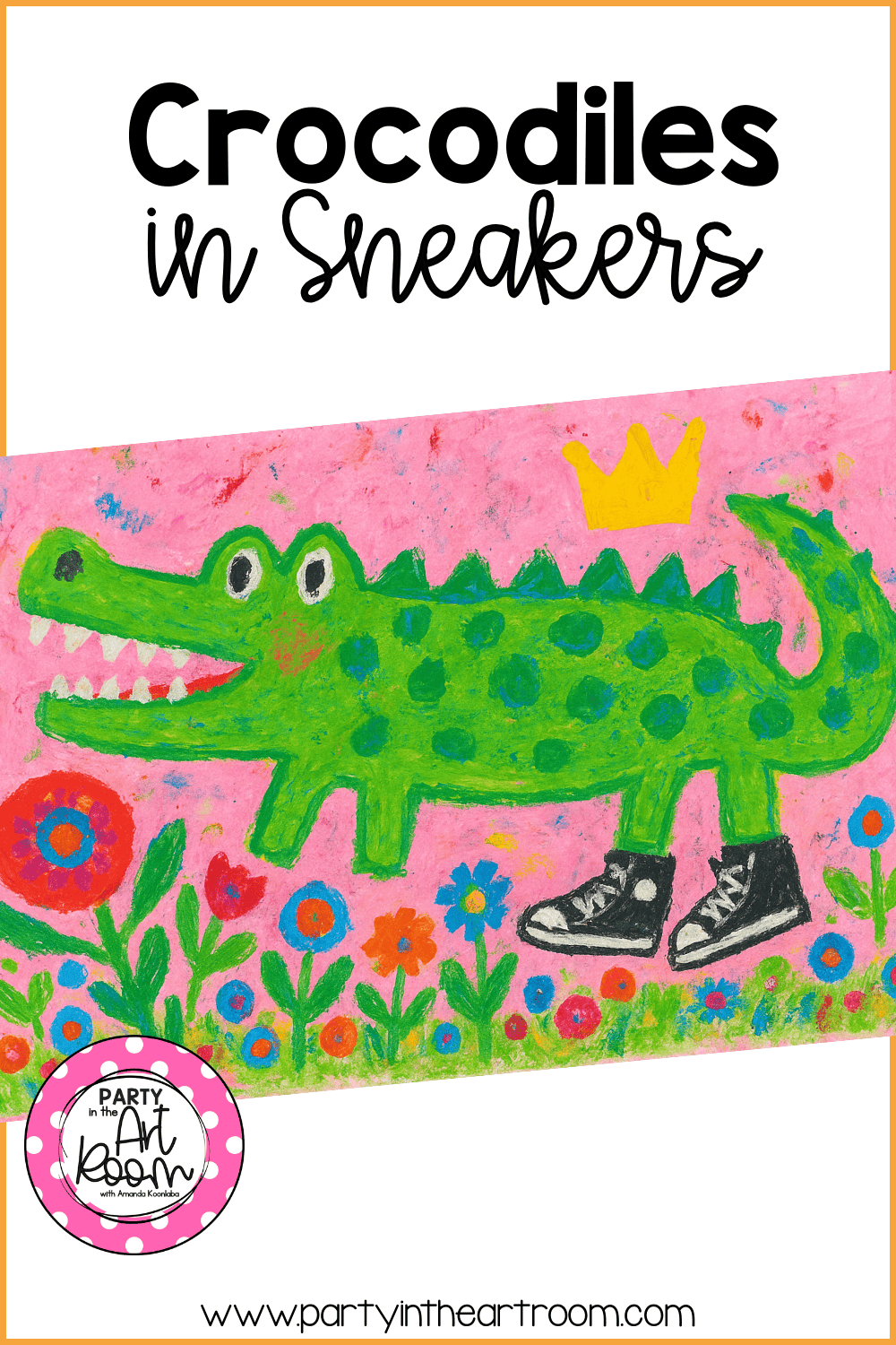Crocodile with black sneakers and a floating crown, smiling in a flower field, reinforcing the idea of whimsical character design.