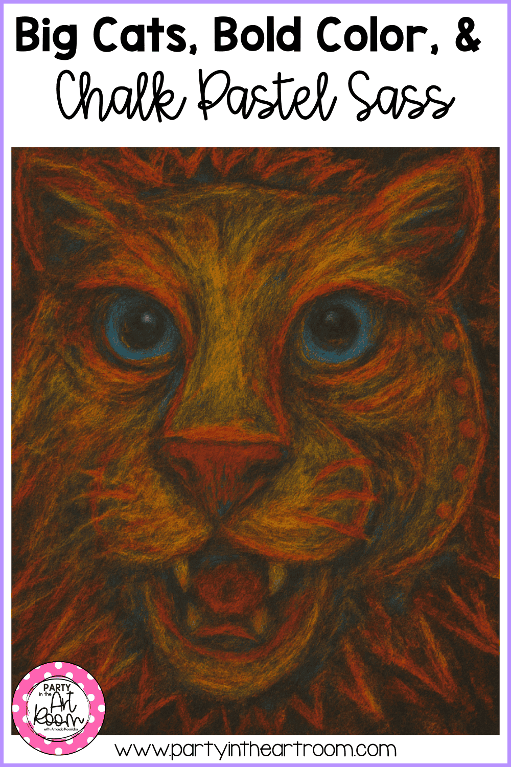 An orange chalk pastel cat with vivid blue eyes on black paper, demonstrating warm and cool color contrast, pressure control, and expressive use of chalk pastels.