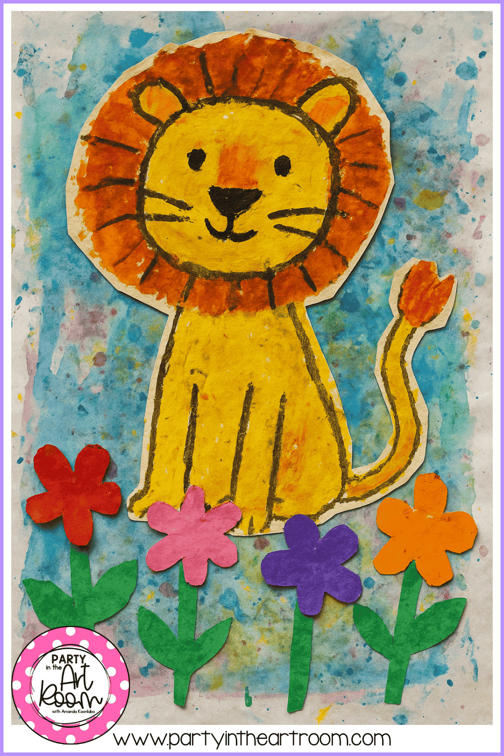 Lion artwork layered over a red, blue, and yellow painted background, showing bold color use and confident composition in a choice-based art project.