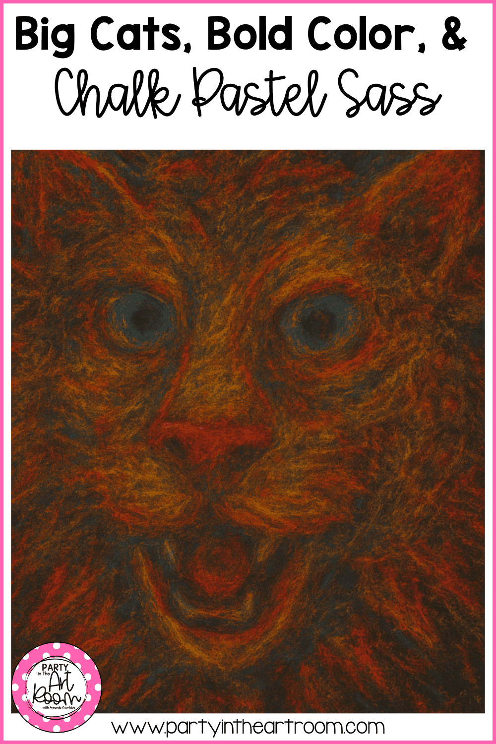 An expressive orange cat drawn in chalk pastel on black paper, featuring high-contrast color, bold blending, and stylized facial features suitable for older student art projects.
