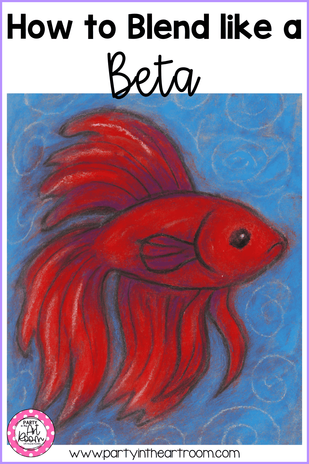 Orange betta fish with blue and green accents swimming on a blue background with white swirling lines, highlighting layered oil pastel techniques, texture, and implied movement.