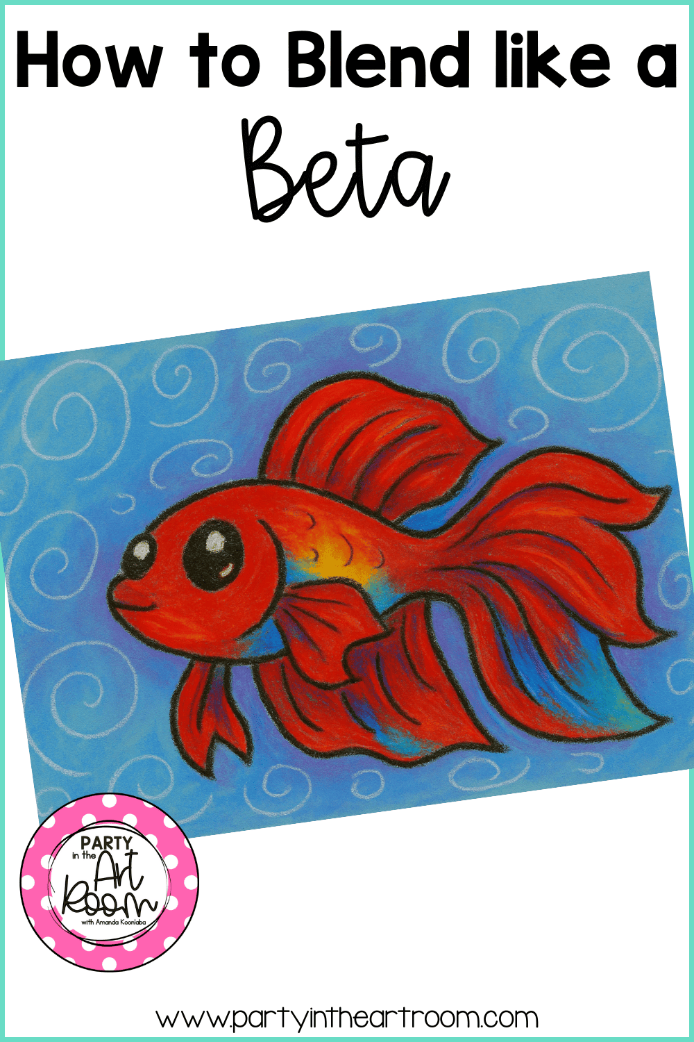 Orange betta fish with yellow and blue accents swimming on a blue background with white swirling lines, demonstrating oil pastel layering, color blending, and movement techniques taught in this middle school art lesson.