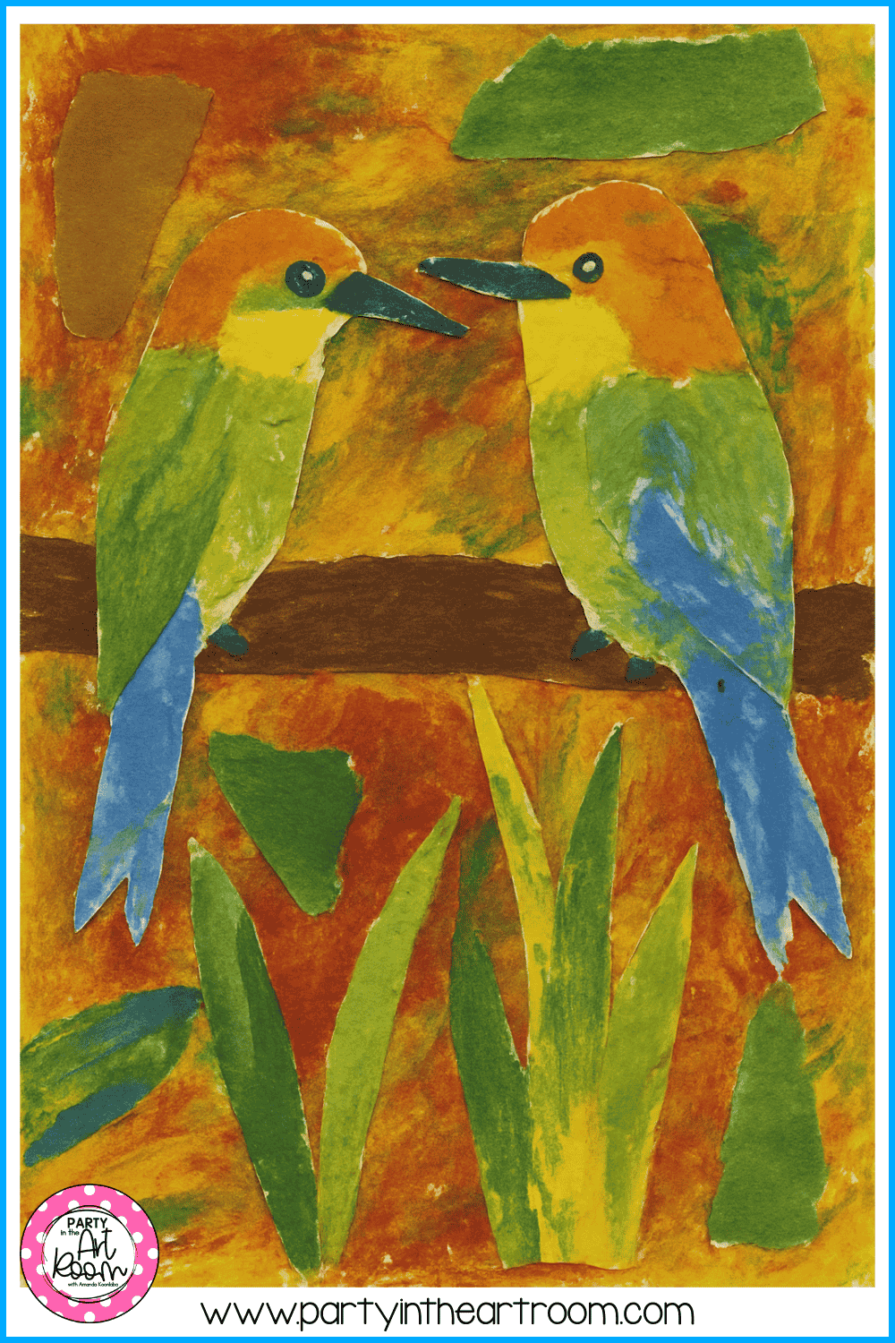 A completed bird collage featuring birds with blue tails, green bodies, and orange and yellow heads, highlighting increased detail and thoughtful color choices discussed in the lesson.
