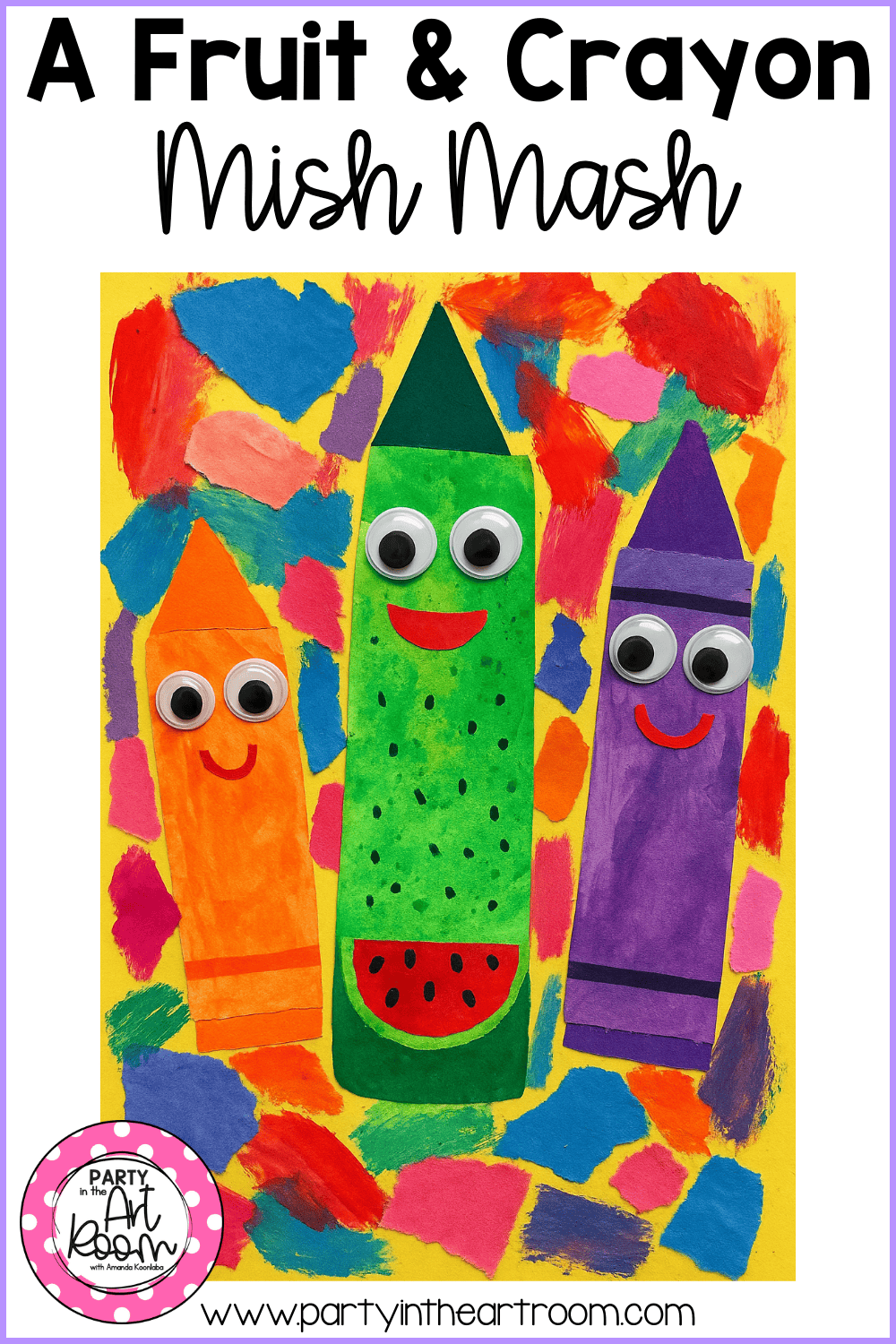 A student collage showing crayon and fruit characters with oversized googly eyes layered on a bright yellow, textured background, reinforcing the idea that simple shapes and playful expression can drive joyful, character-based artmaking.
