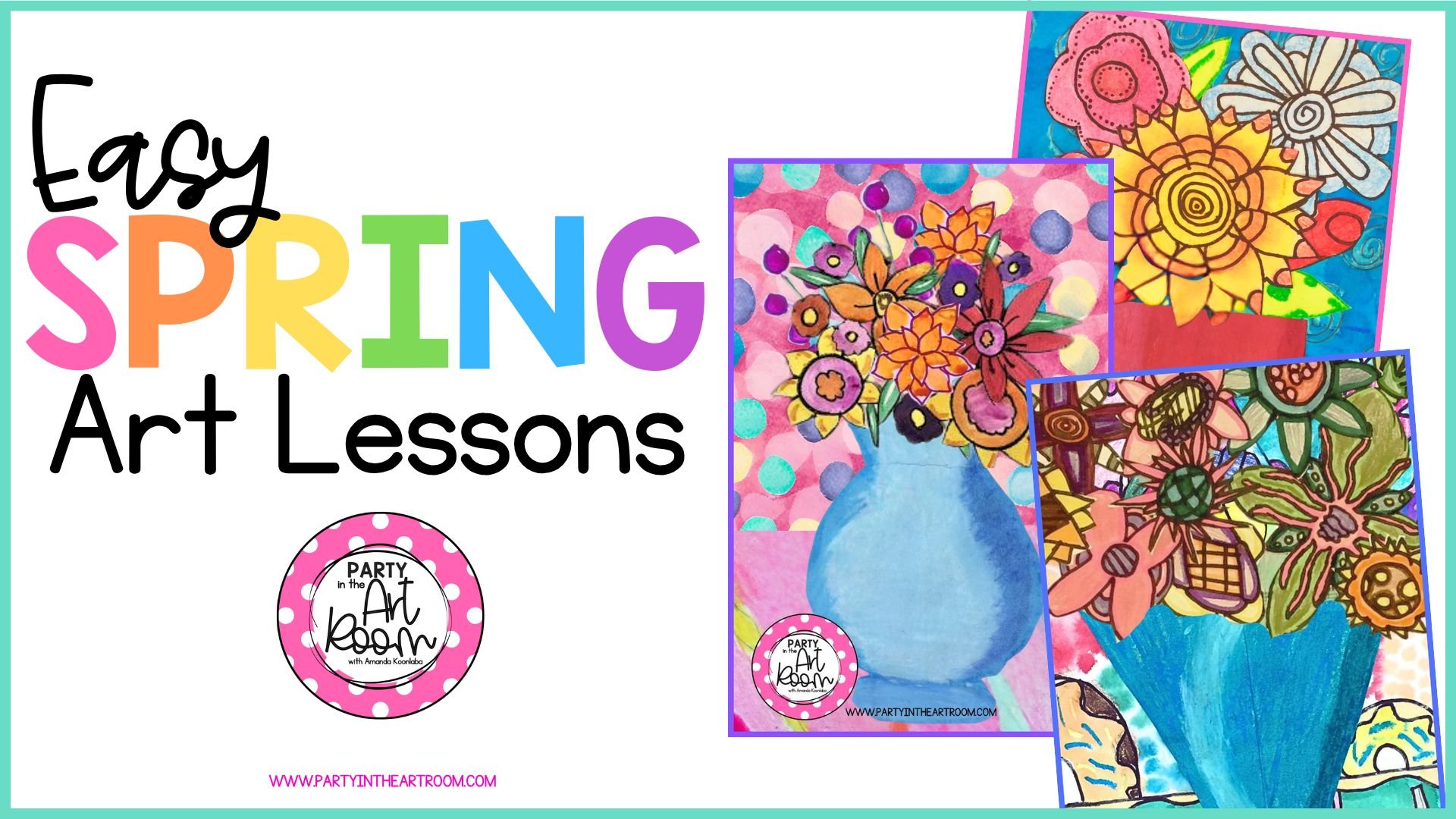 A banner featuring three flower paintings in vases.