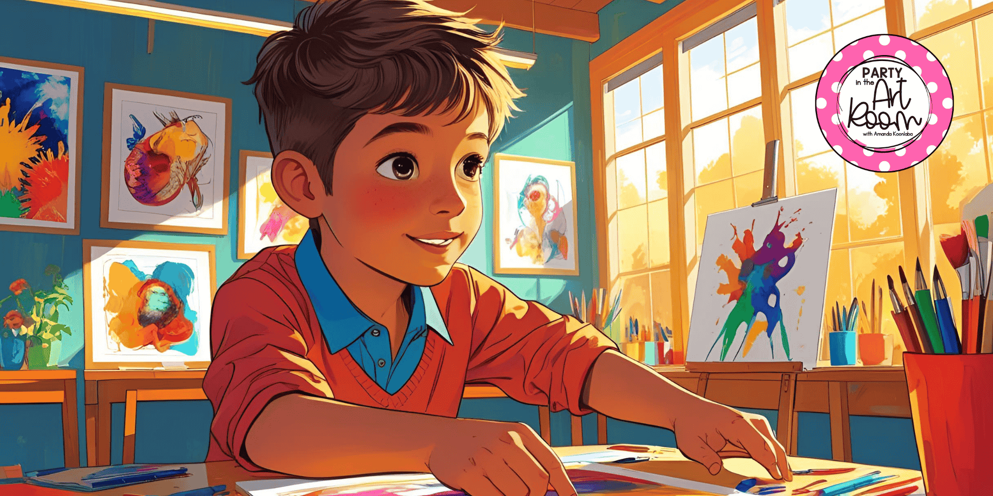 boy making art in an art classroom with lots of natural lighting