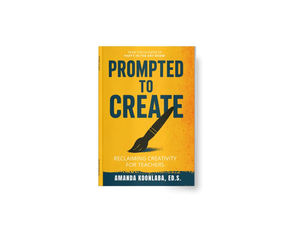 Book titled 'Prompted to Create' by Amanda Koonlaba, ED.S., with a yellow cover, black text, and an illustration of a paintbrush.