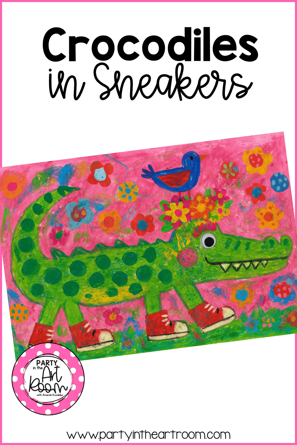 Crocodile artwork wearing red sneakers and a flower crown, surrounded by colorful flowers, supporting the poetry focus on creative character details.