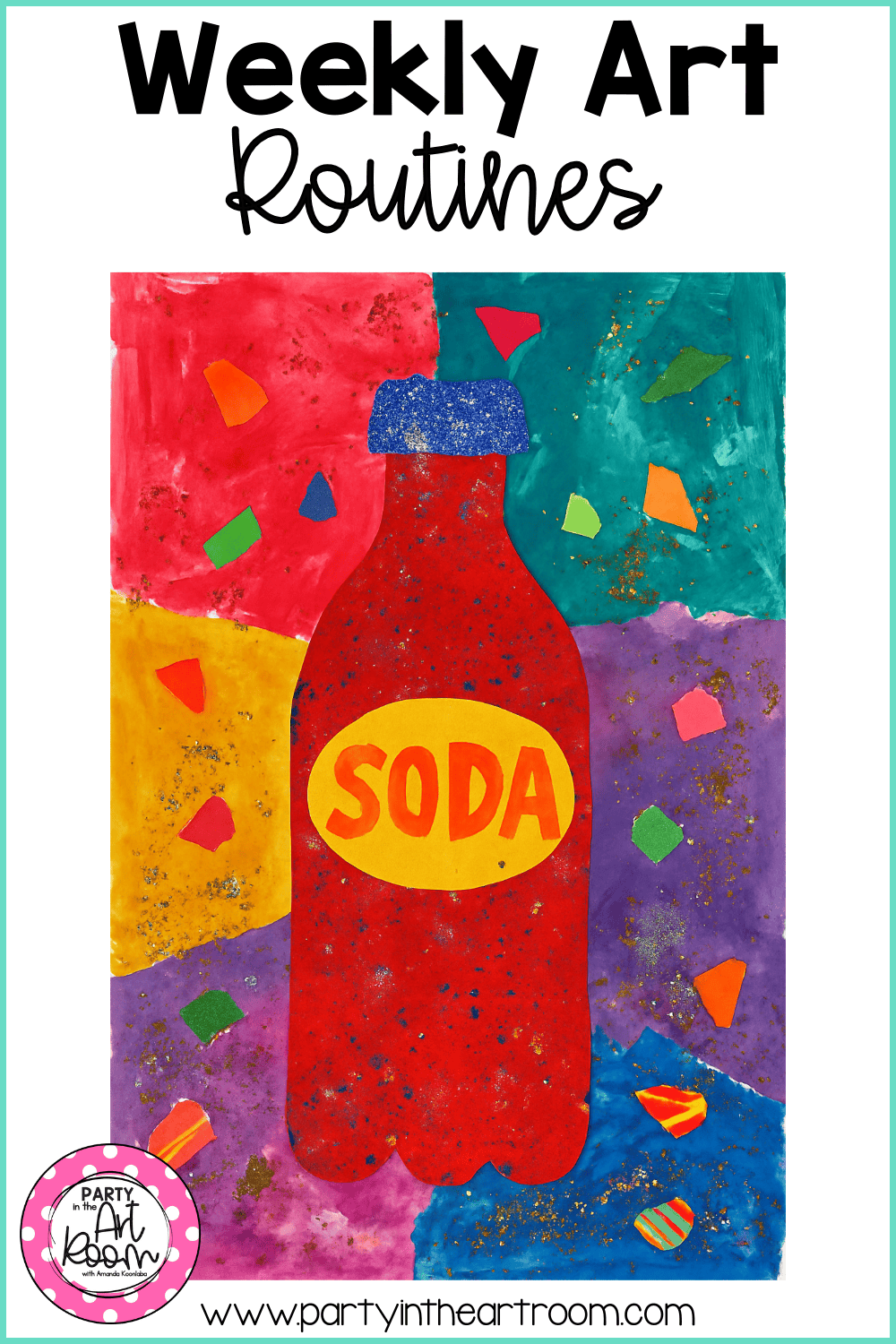 Abstract artwork with a bright red bottle centered on a colorful background, representing playful creativity within a simple, structured art routine.