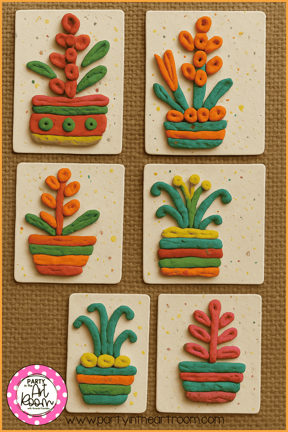 Multiple finished pieces from Clay Plant Art Project for Kids, showing six different clay plant sculptures with a mix of warm and cool colors.