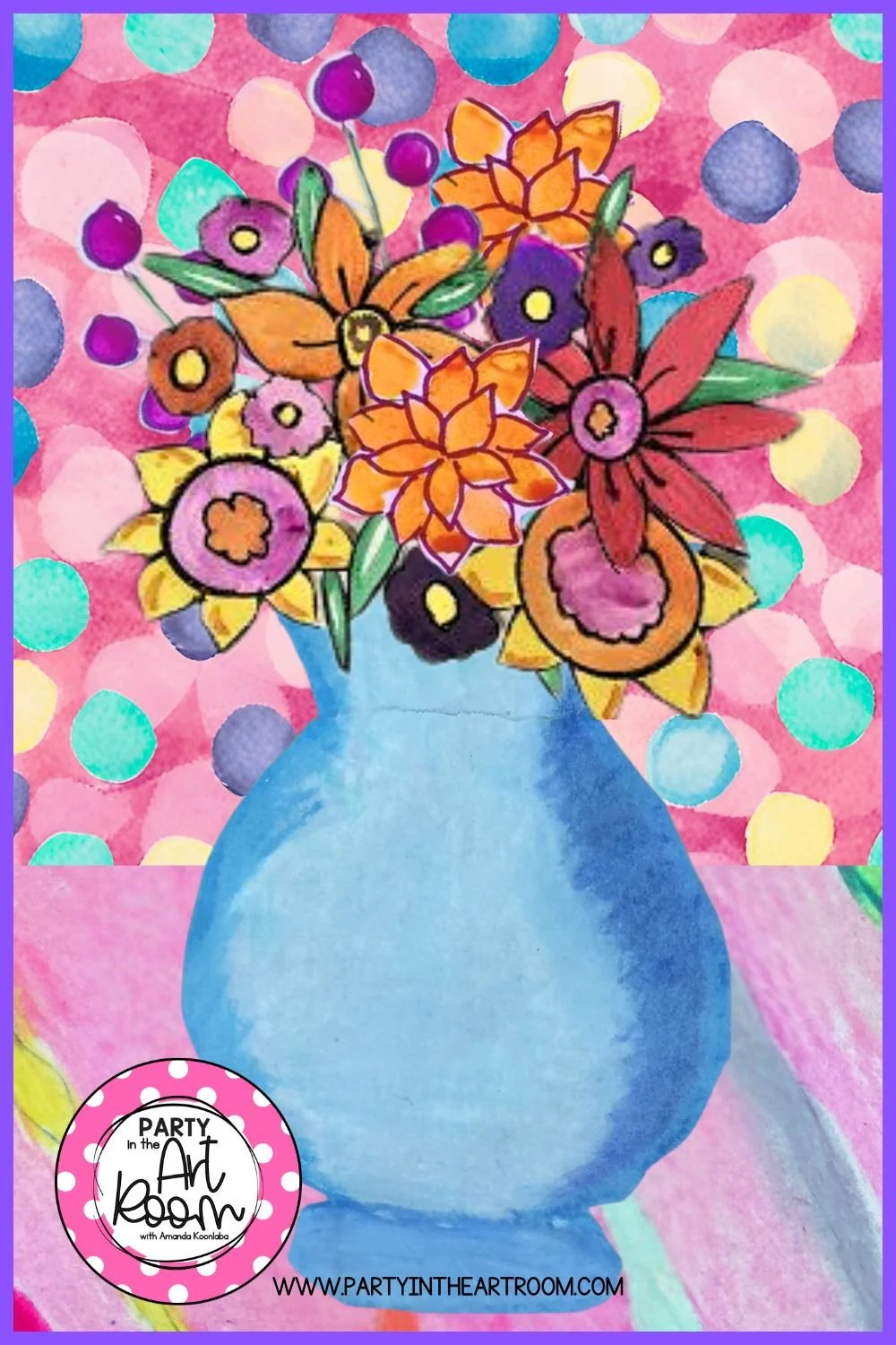 A painting of a blue vase filled with various spring flowers in pastel shades, set against a soft background.